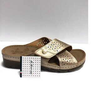 Flexus Women’s Wizera, Gold Slide Sandals, Size EU 39, US 8.5M